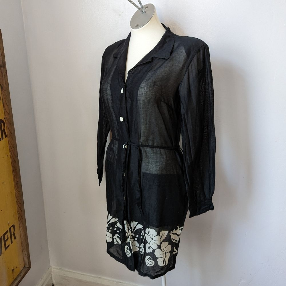 Vintage Agnes B Paris black long sleeve sheer tunic dress with floral pattern si